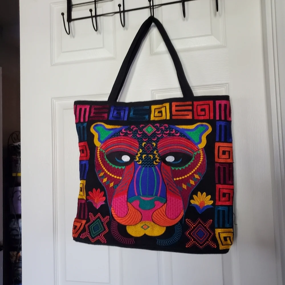 Embroidered Jaguars Tote Bag Multicolor Guatemalan Fabric Lined Zip Large Size